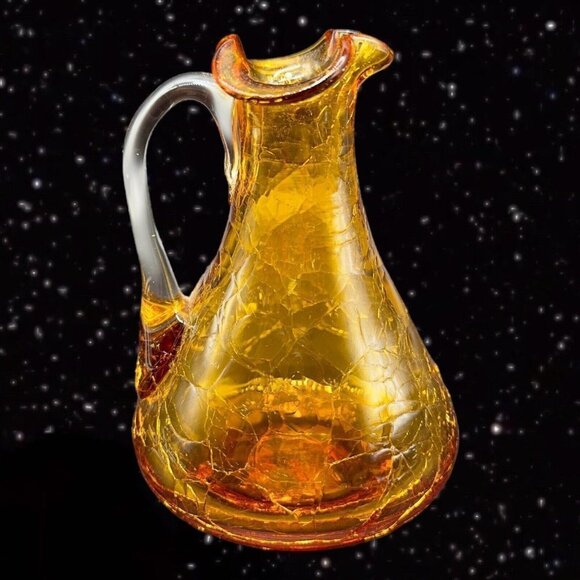 Vintage Pilgrim Amber Crackle Glass Pitcher Creamer W Applied Handle Hand Blown - Picture 1 of 6